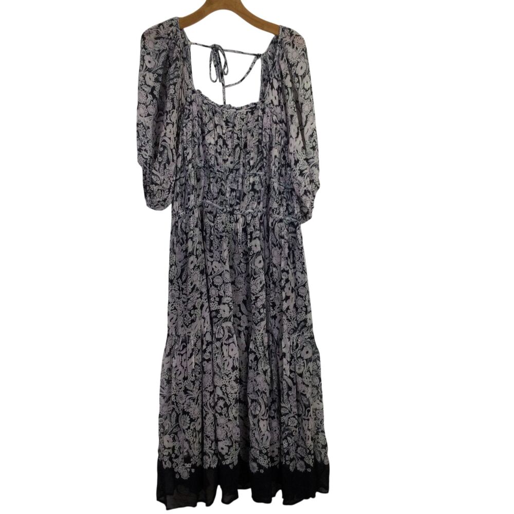 Anthropologie Womens Square-Neck Smocked Midi Dress Black White Size 3X Plus